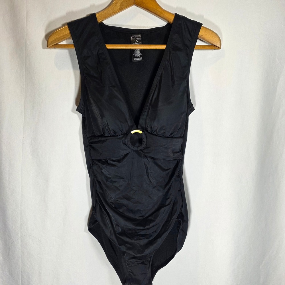 Embrace Your Curves Miracle Brands Black Ruched V-Neck One Piece Swimsuit M 8-10